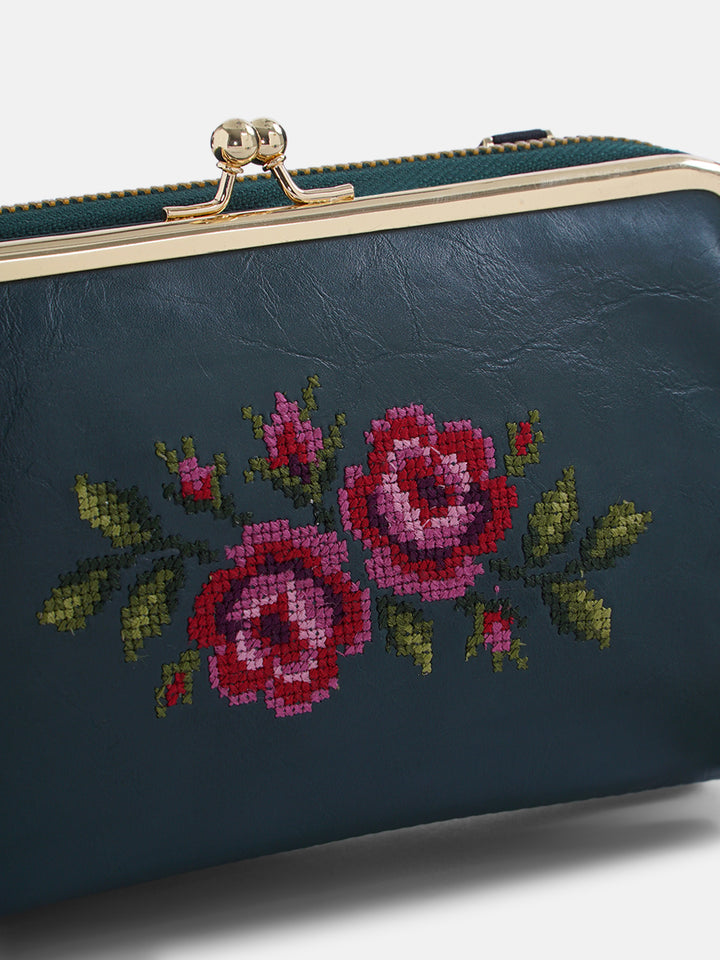 Coonoor Dream Cross Stitched Mobile Wallet Sling - Green