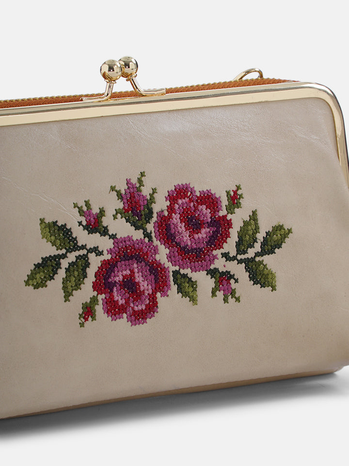 Coonoor Dream Cross Stitched Mobile Wallet Sling - Off White