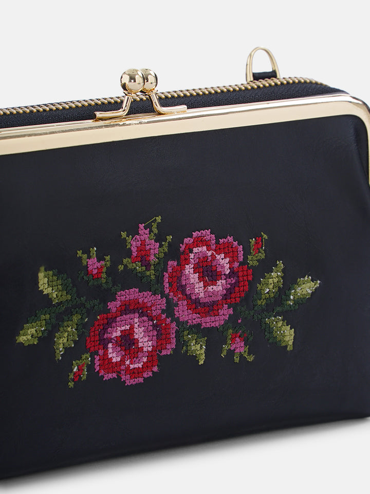 Coonoor Dream Cross Stitched Mobile Wallet Sling - Black