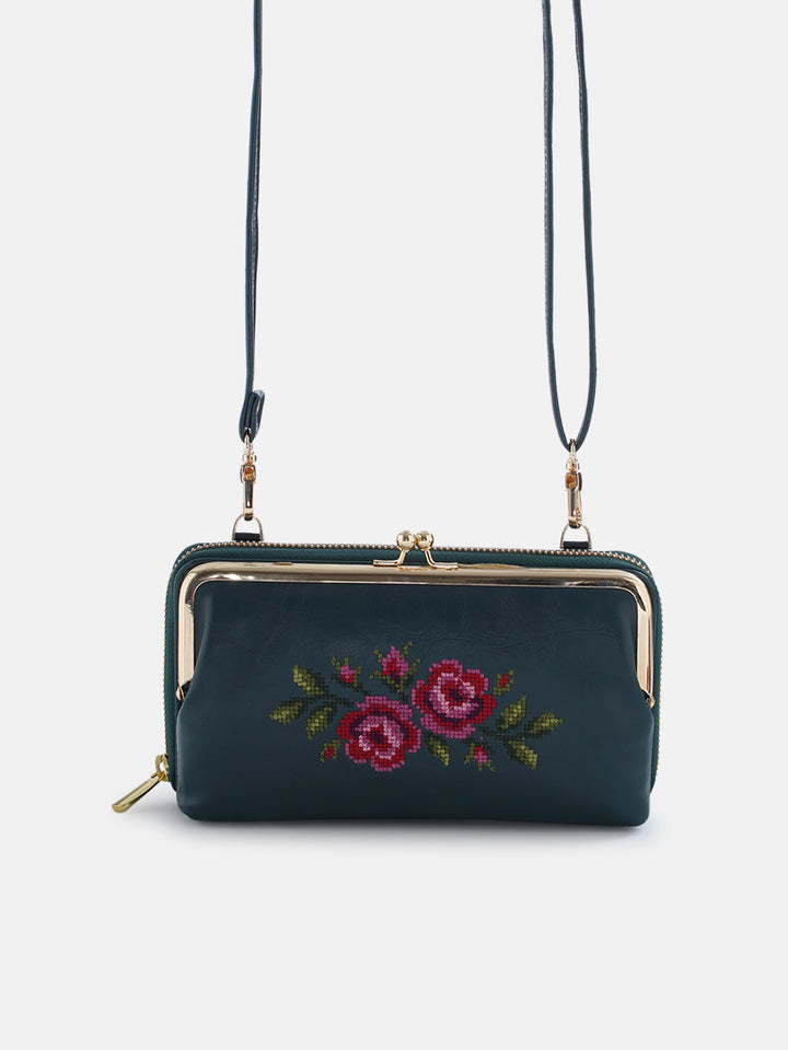 Coonoor Dream Cross Stitched Mobile Wallet Sling - Green