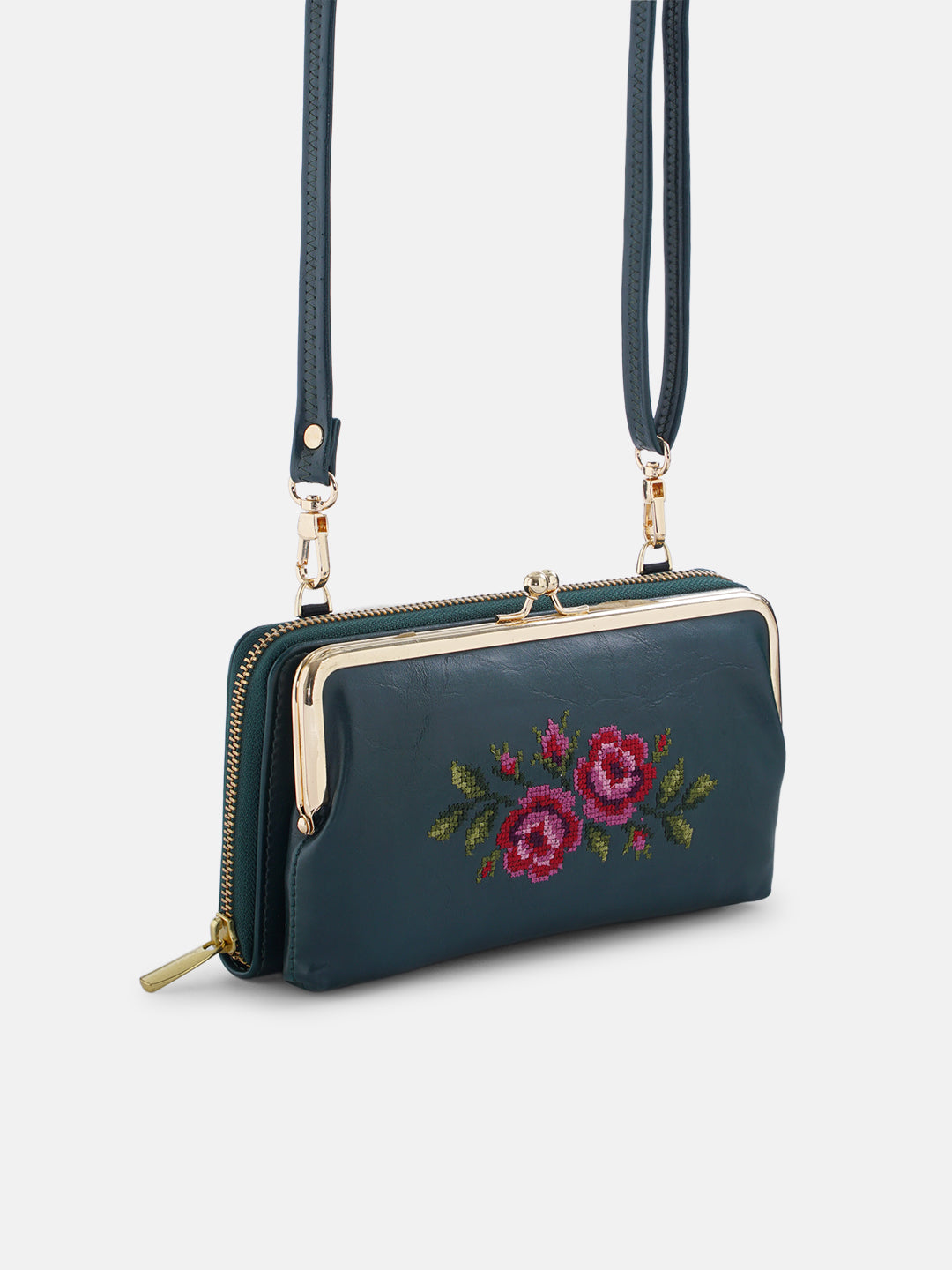Coonoor Dream Cross Stitched Mobile Wallet Sling - Green