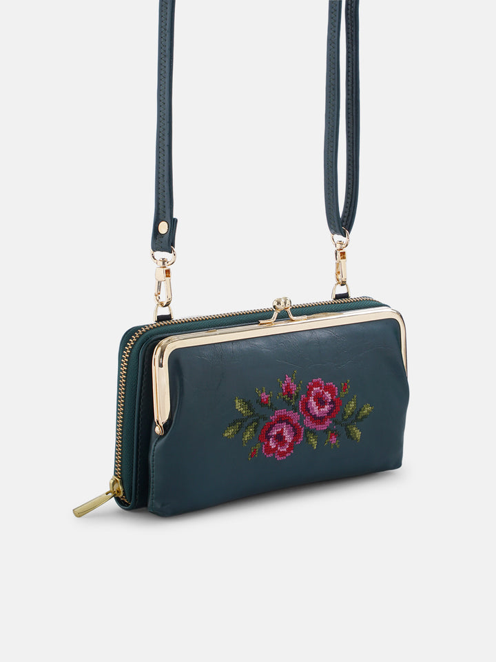 Coonoor Dream Cross Stitched Mobile Wallet Sling - Green
