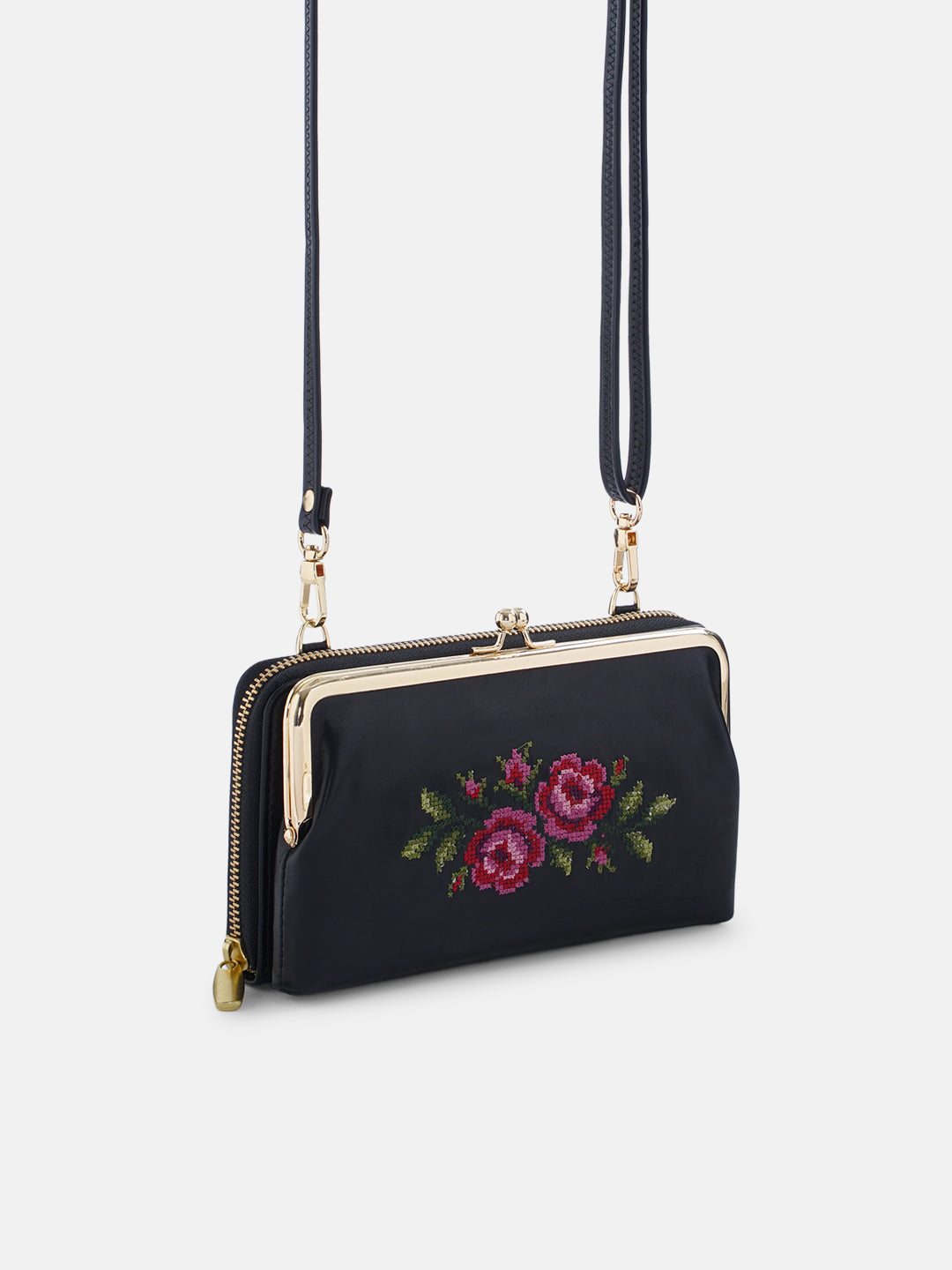 Coonoor Dream Cross Stitched Mobile Wallet Sling - Black