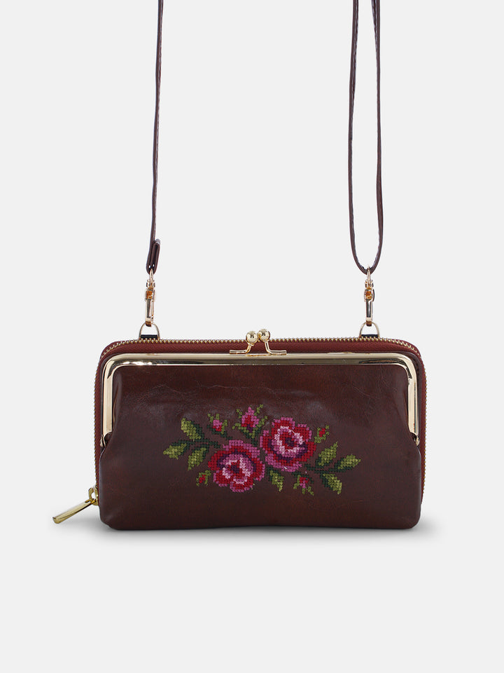 Coonoor Dream Cross Stitched Mobile Wallet Sling - Brown