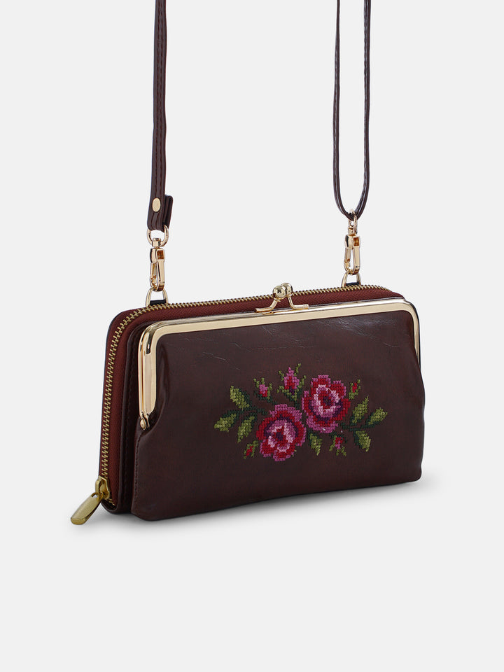 Coonoor Dream Cross Stitched Mobile Wallet Sling - Brown