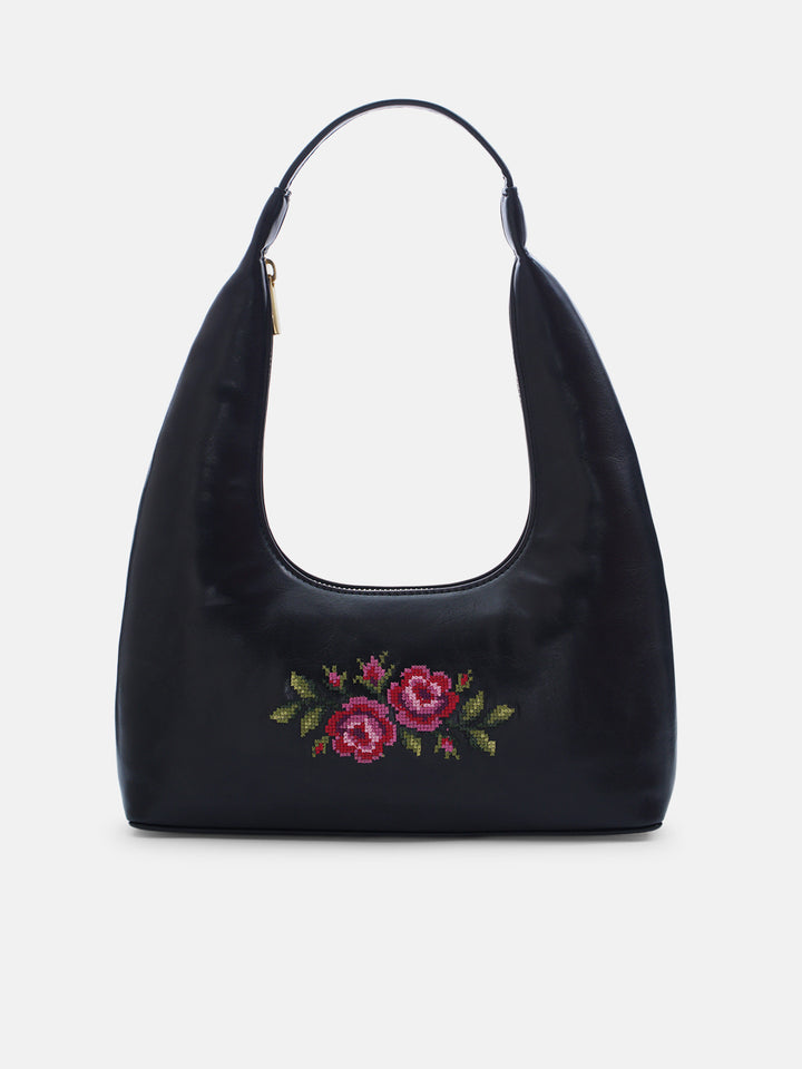 Coonoor Dream Cross Stitched Shoulder Bag - Black