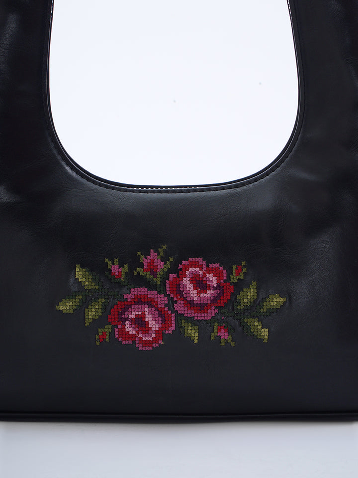 Coonoor Dream Cross Stitched Shoulder Bag - Black