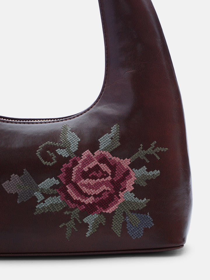 Mountain Bride Cross Stitched Shoulder Bag - Brown