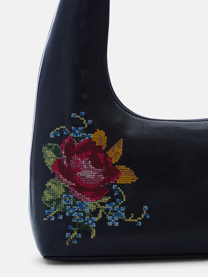 Nilgiri Dawn Cross Stitched Shoulder Bag - Black