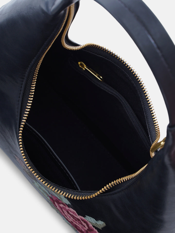 Mountain Bride Cross Stitched Shoulder Bag - Black