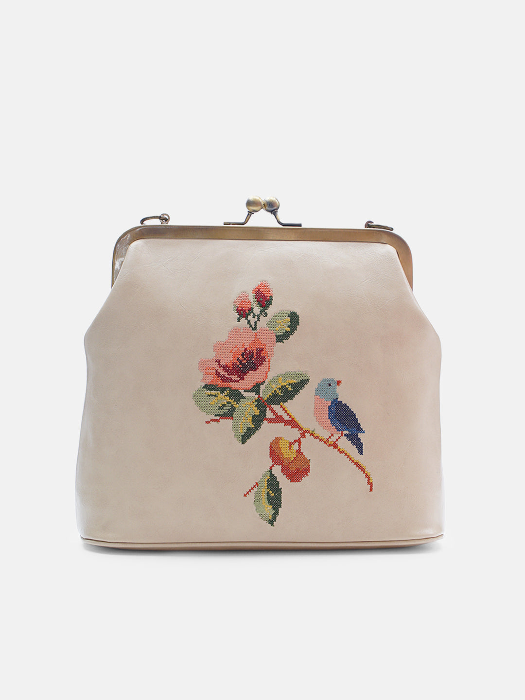 Morning Melody Cross Stitched Kisslock Clutch - Off White