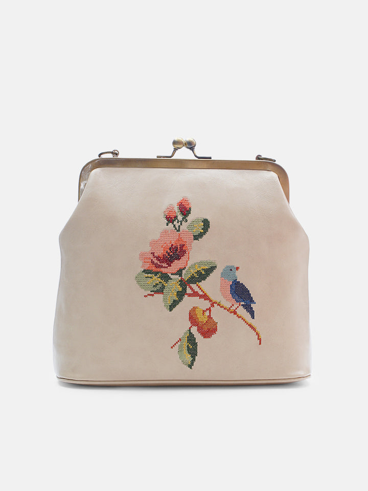 Morning Melody Cross Stitched Kisslock Clutch - Off White