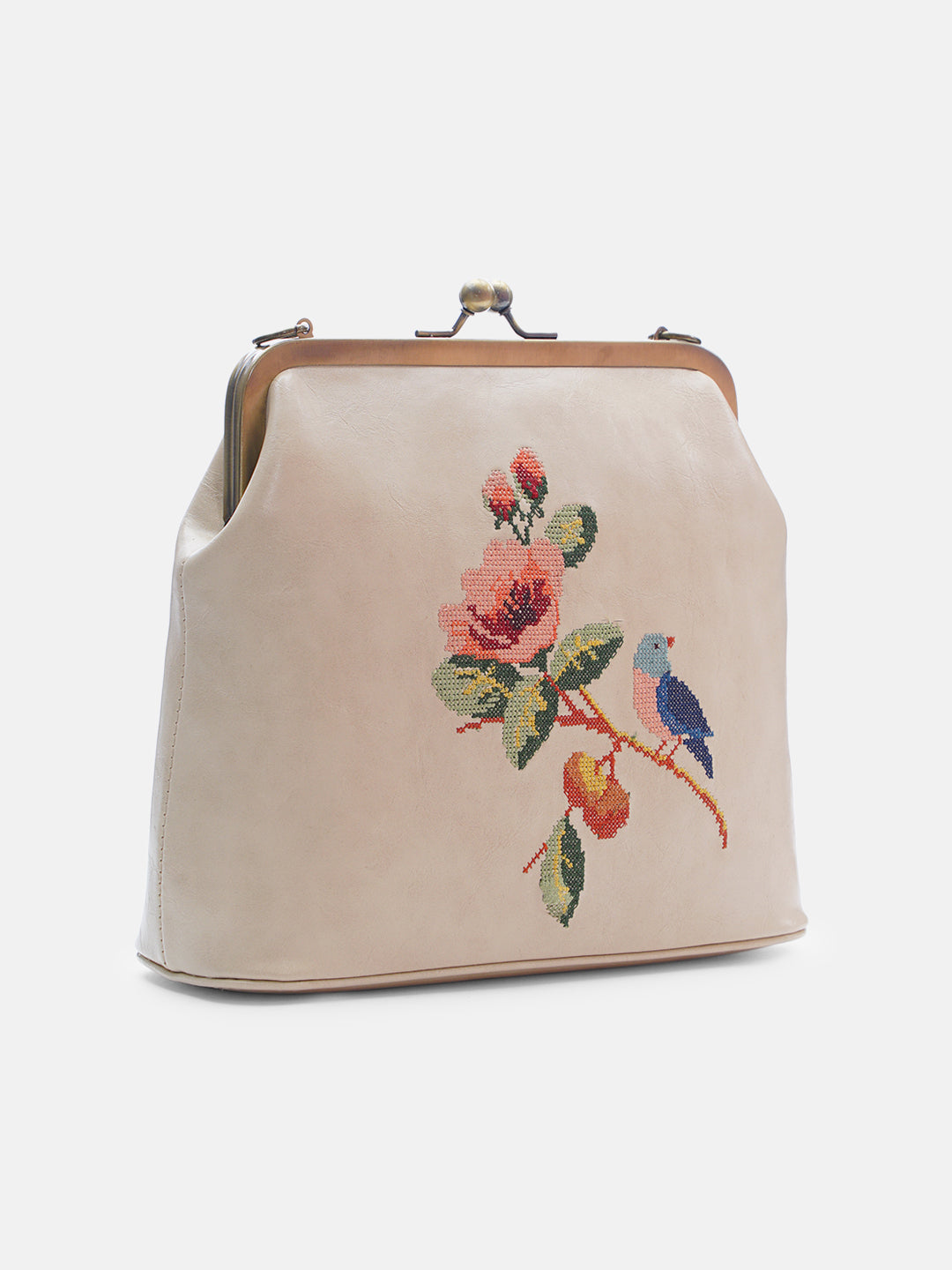 Morning Melody Cross Stitched Kisslock Clutch - Off White