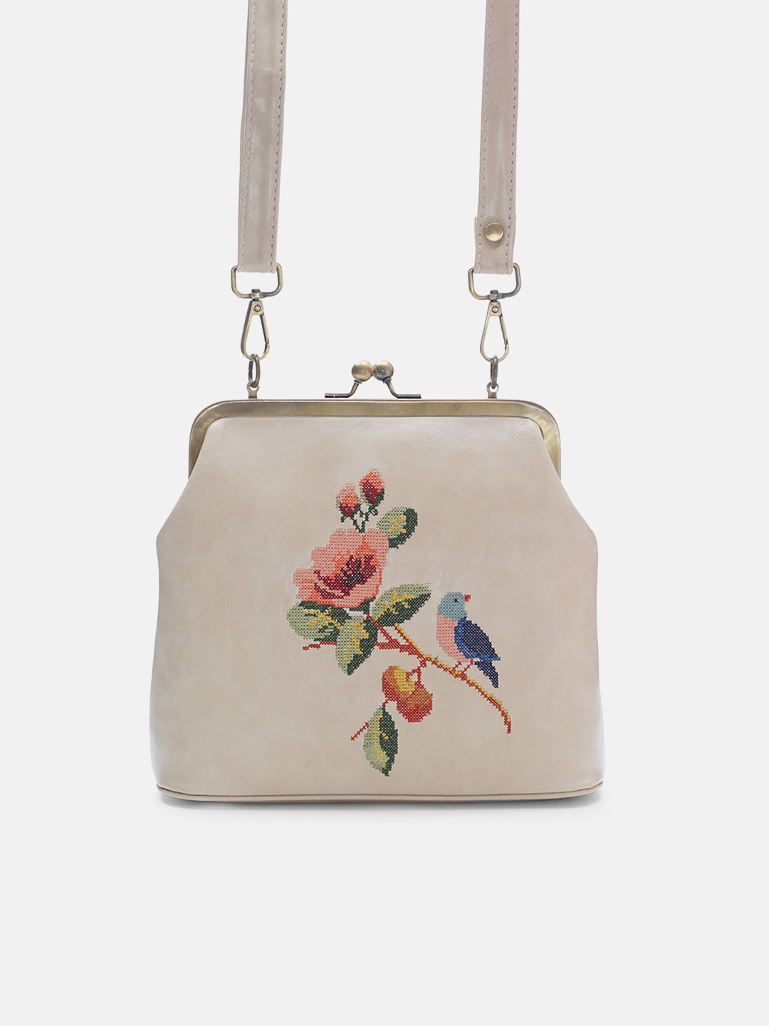 Morning Melody Cross Stitched Kisslock Clutch - Off White