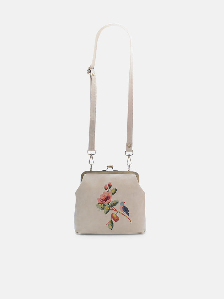 Morning Melody Cross Stitched Kisslock Clutch - Off White
