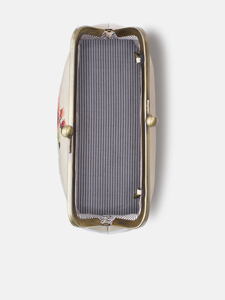 Morning Melody Cross Stitched Kisslock Clutch - White