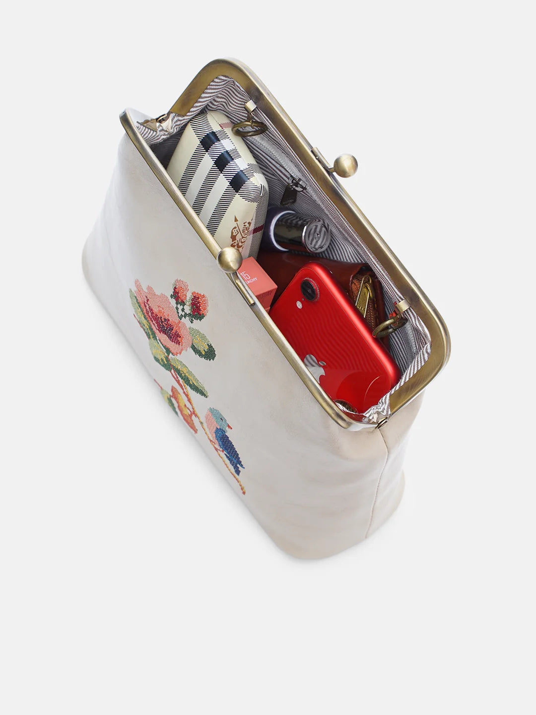 Morning Melody Cross Stitched Kisslock Clutch - White