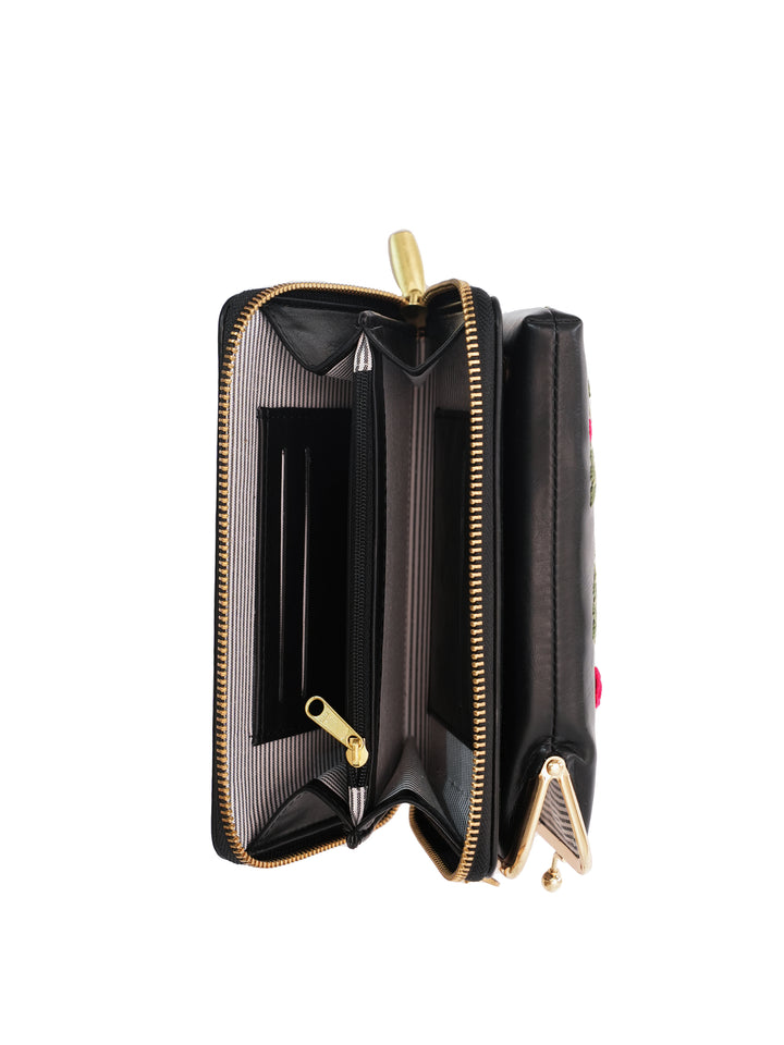 Red Rosebuds Hand Embroidered Mobile Sling - Black