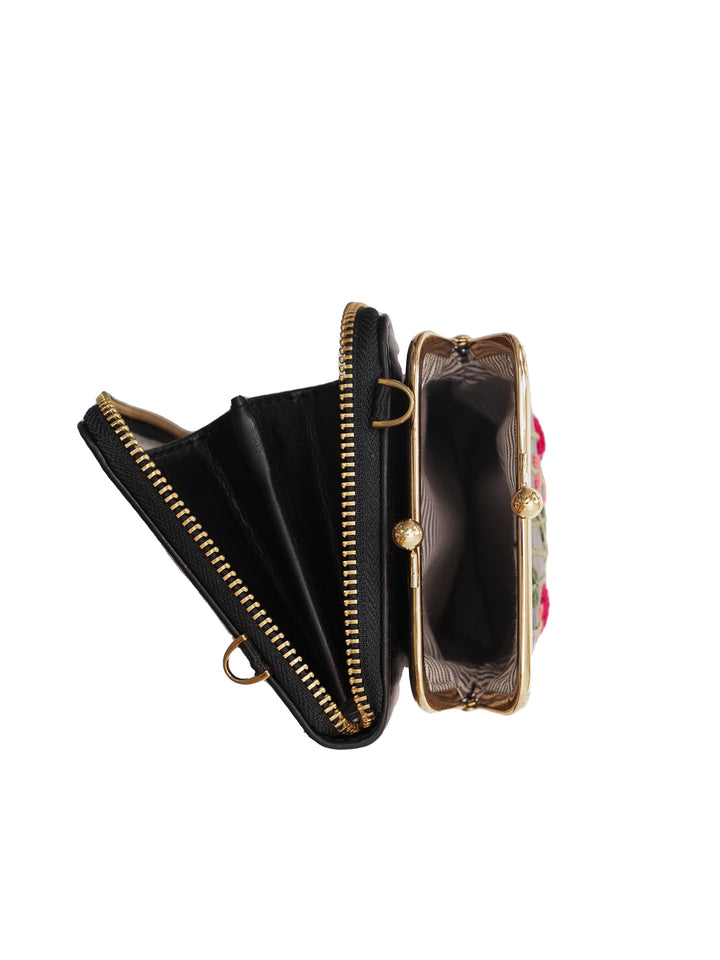Red Rosebuds Hand Embroidered Mobile Sling - Black