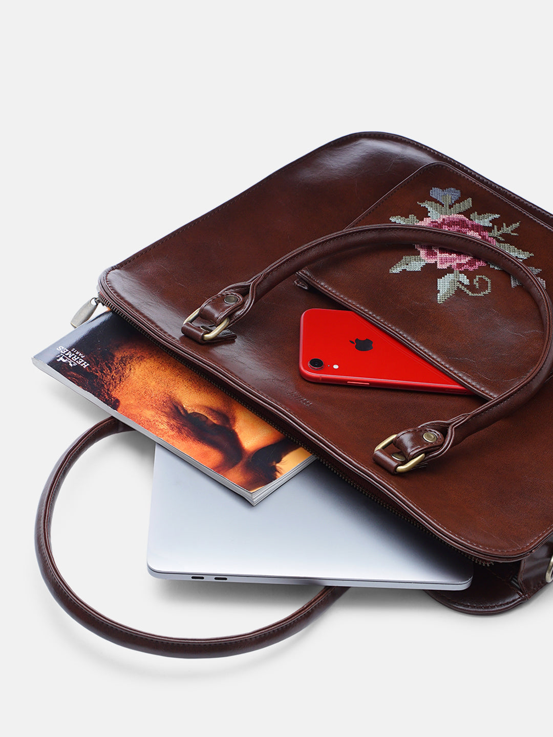 Mountain Bride Cross Stitched Laptop Bag - Brown