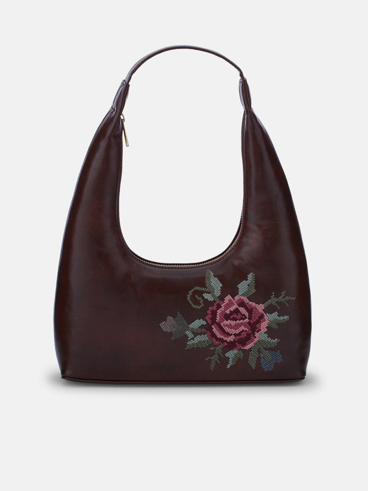Mountain Bride Cross Stitched Shoulder Bag - Brown