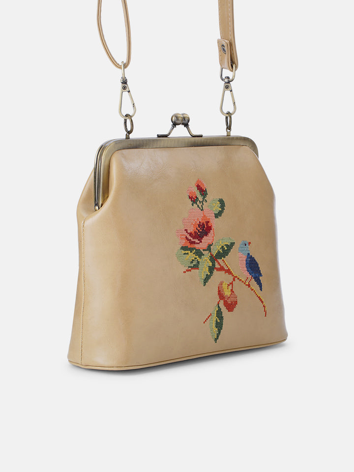 Morning Melody Cross Stitched Kisslock Clutch - Beige