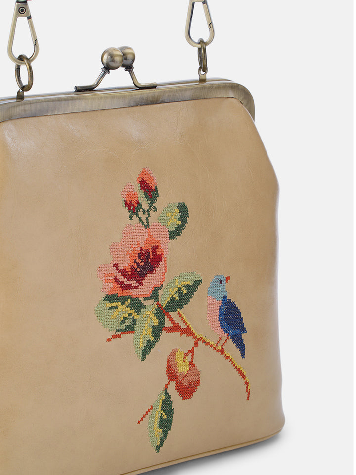 Morning Melody Cross Stitched Kisslock Clutch - Beige