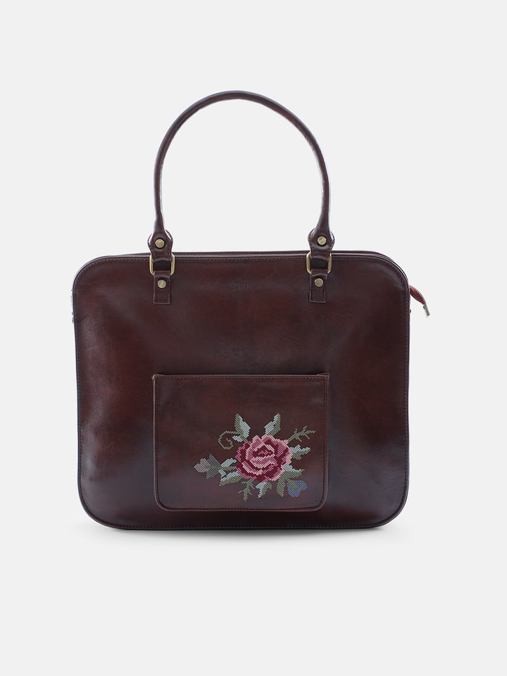 Mountain Bride Cross Stitched Laptop Bag - Brown