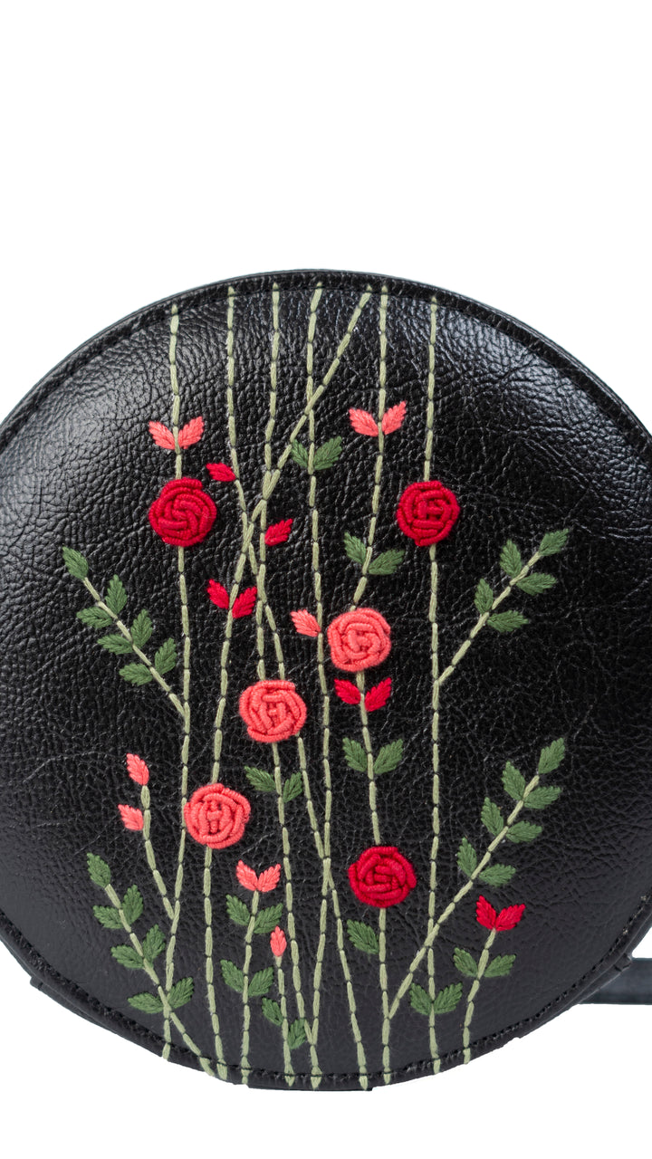 Hand Embroidered Red Rosebuds Round Sling Bag