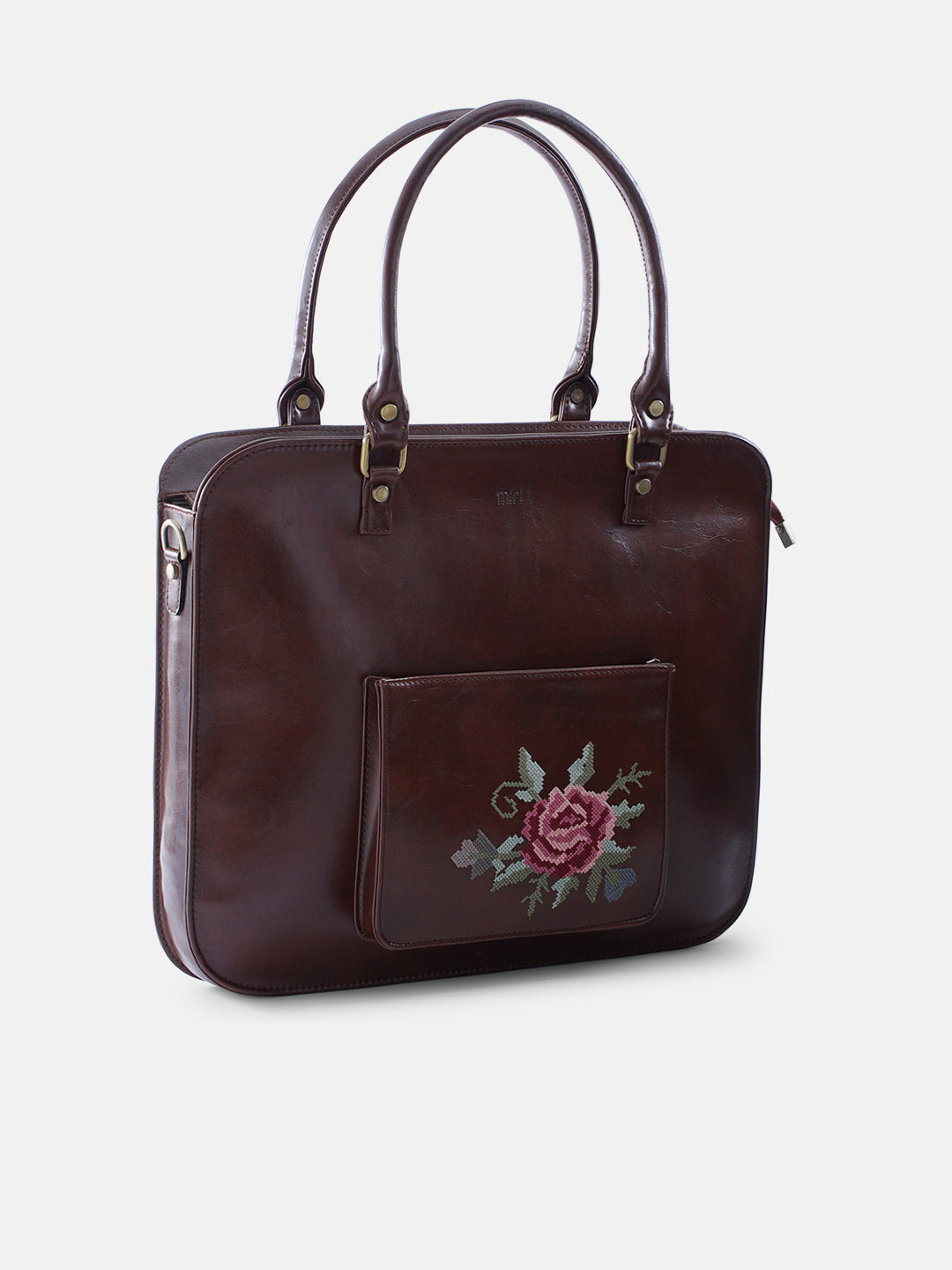 Mountain Bride Cross Stitched Laptop Bag - Brown