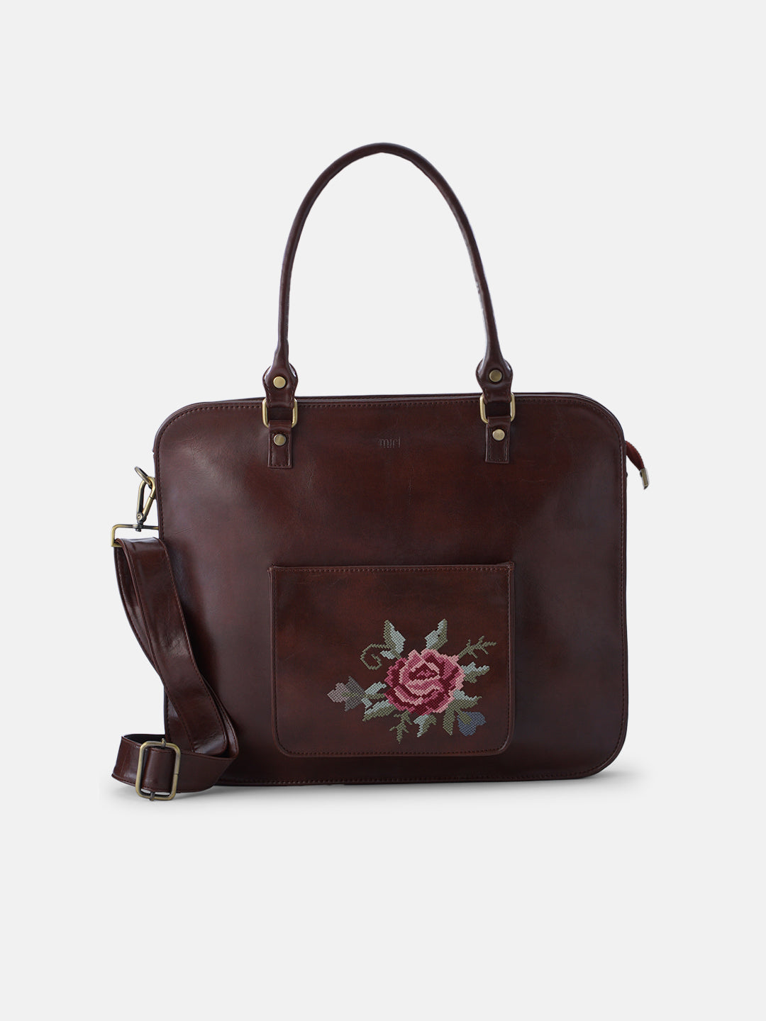 Mountain Bride Cross Stitched Laptop Bag - Brown