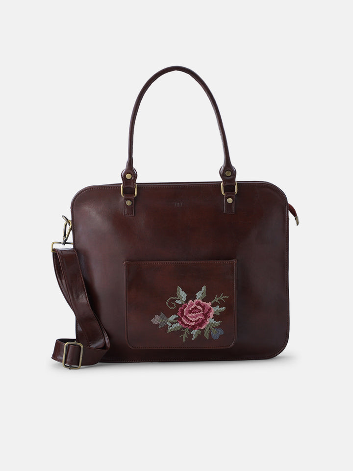 Mountain Bride Cross Stitched Laptop Bag - Brown