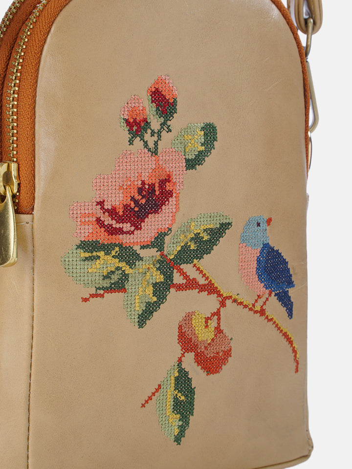 Morning Melody Cross Stitched Jodi Pouch Sling - Beige