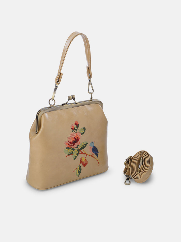Morning Melody Cross Stitched Kisslock Clutch - Beige