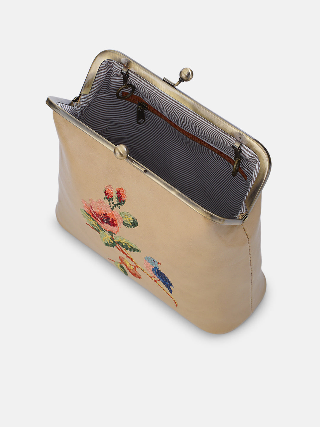 Morning Melody Cross Stitched Kisslock Clutch - Beige
