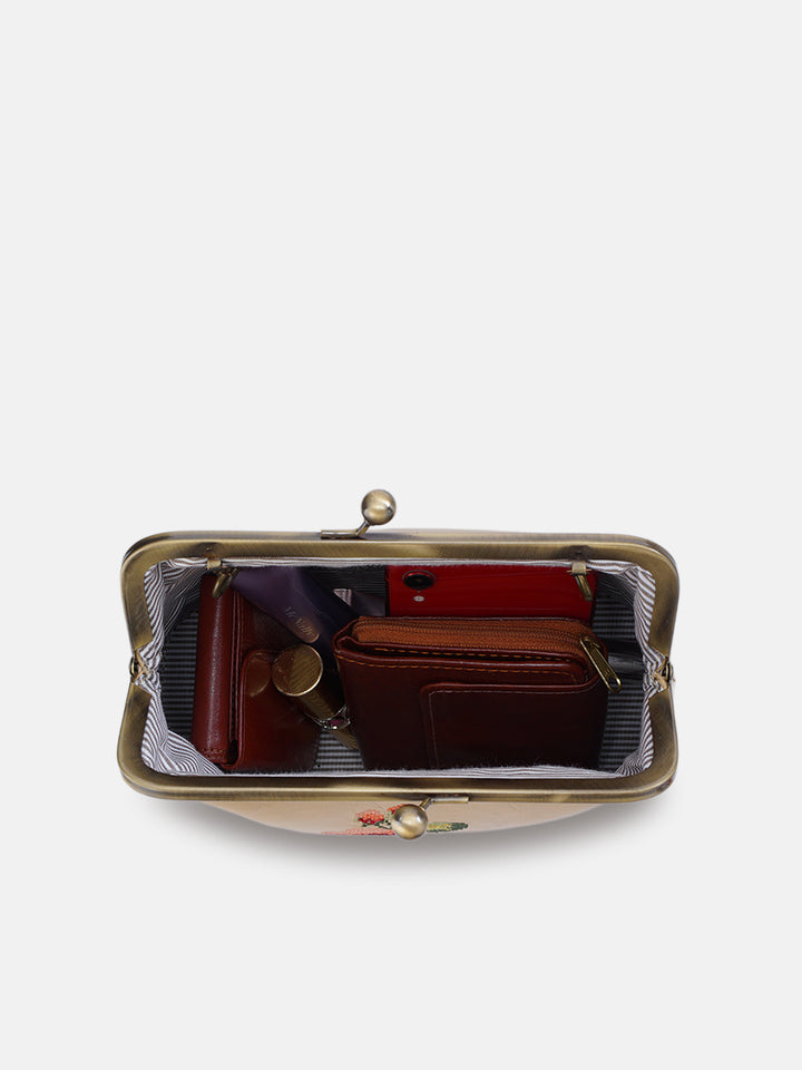 Morning Melody Cross Stitched Kisslock Clutch - Beige