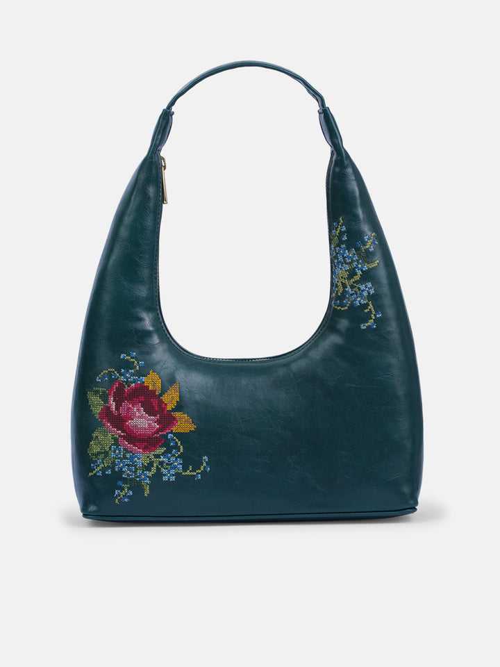 Nilgiri Dawn Cross Stitched Shoulder Bag- Emerald Green