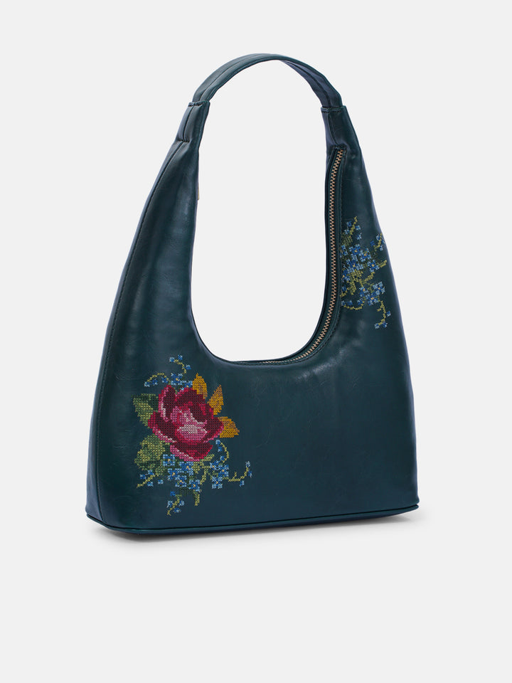 Nilgiri Dawn Cross Stitched Shoulder Bag- Emerald Green