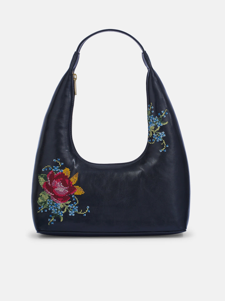 Nilgiri Dawn Cross Stitched Shoulder Bag - Black