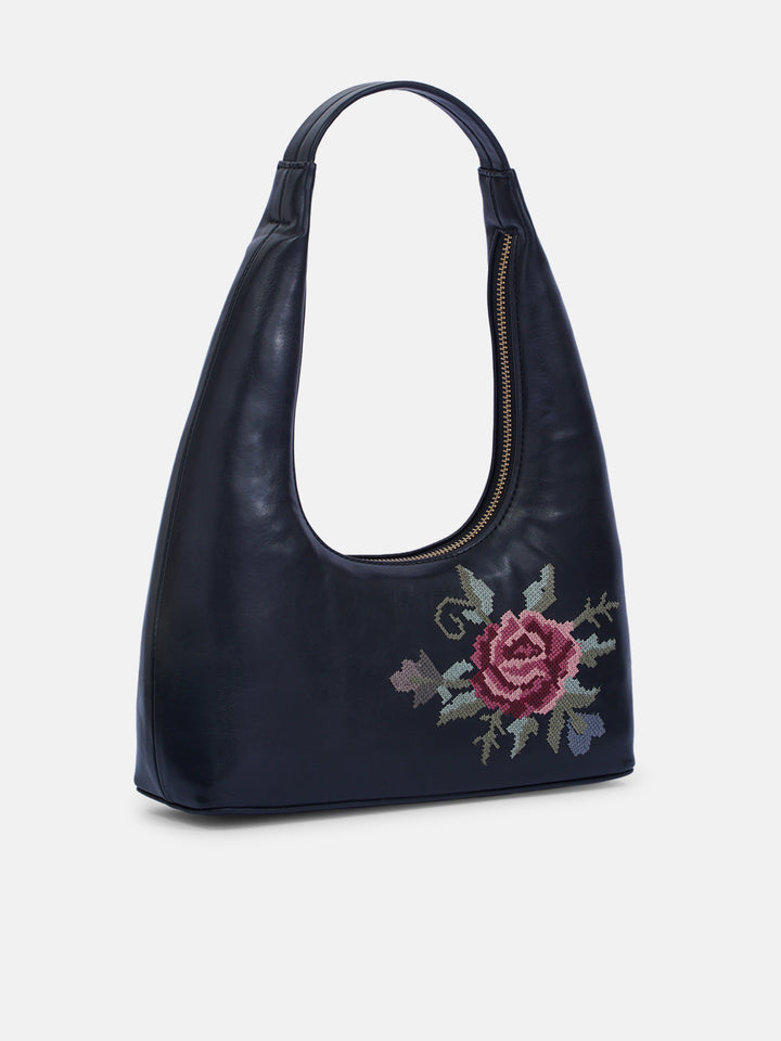 Mountain Bride Cross Stitched Shoulder Bag - Black
