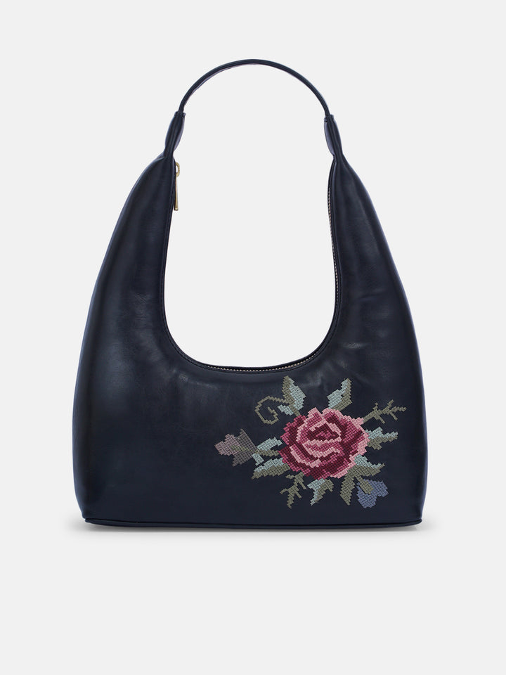 Mountain Bride Cross Stitched Shoulder Bag - Black