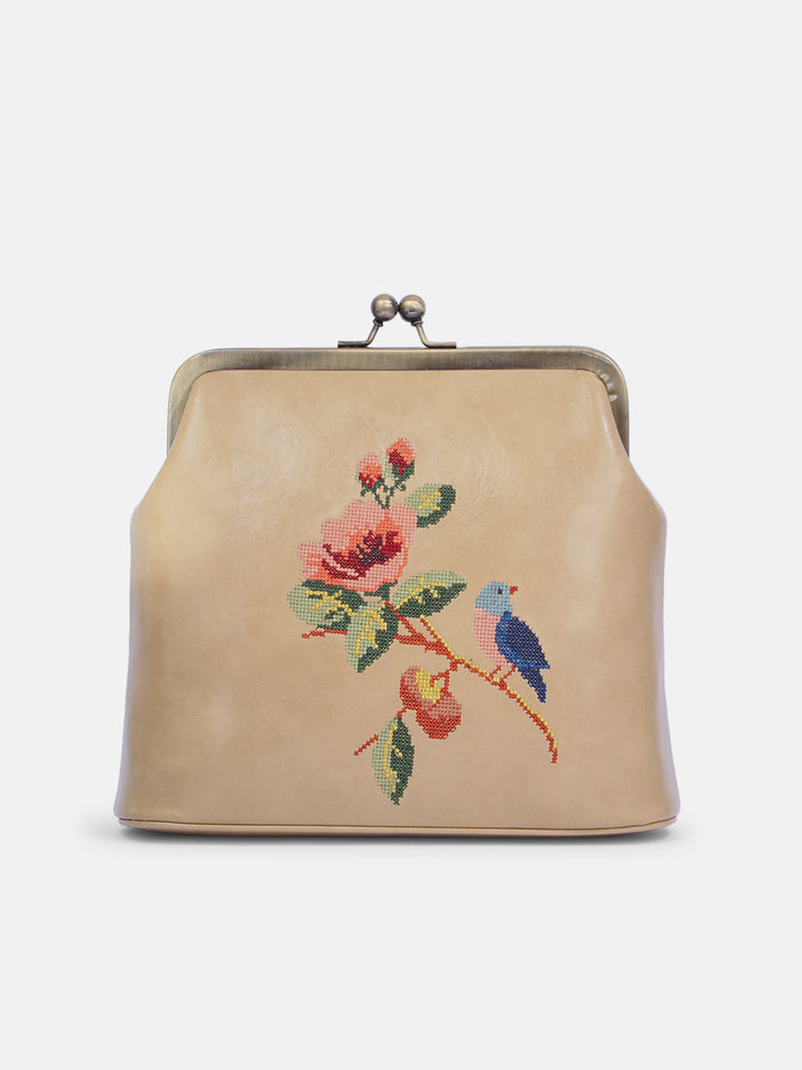 Morning Melody Cross Stitched Kisslock Clutch - Beige