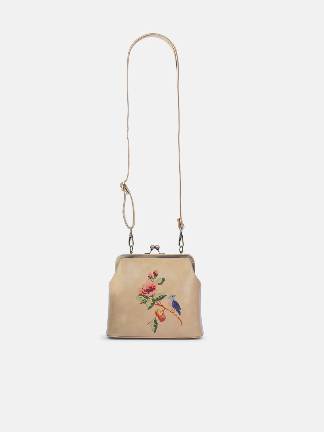 Morning Melody Cross Stitched Kisslock Clutch - Beige
