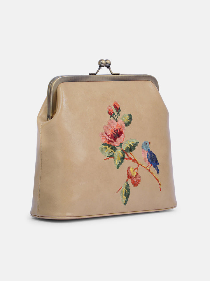 Morning Melody Cross Stitched Kisslock Clutch - Beige