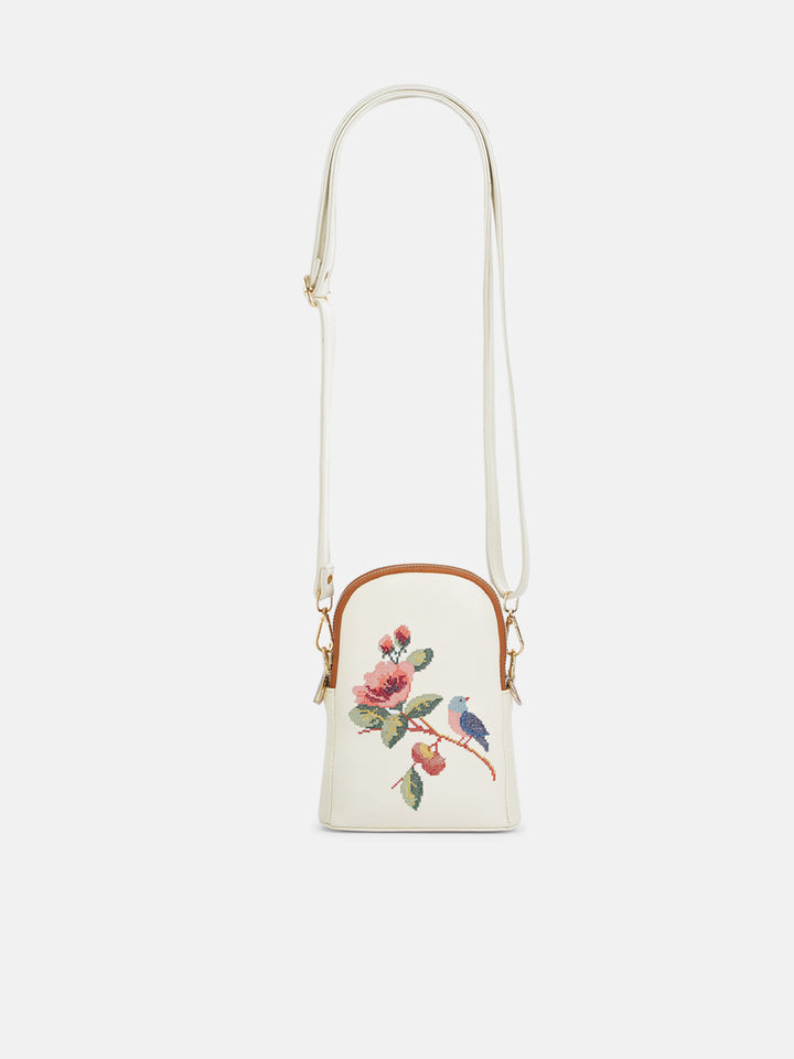 Morning Melody Cross Stitched Jodi Pouch Sling - White