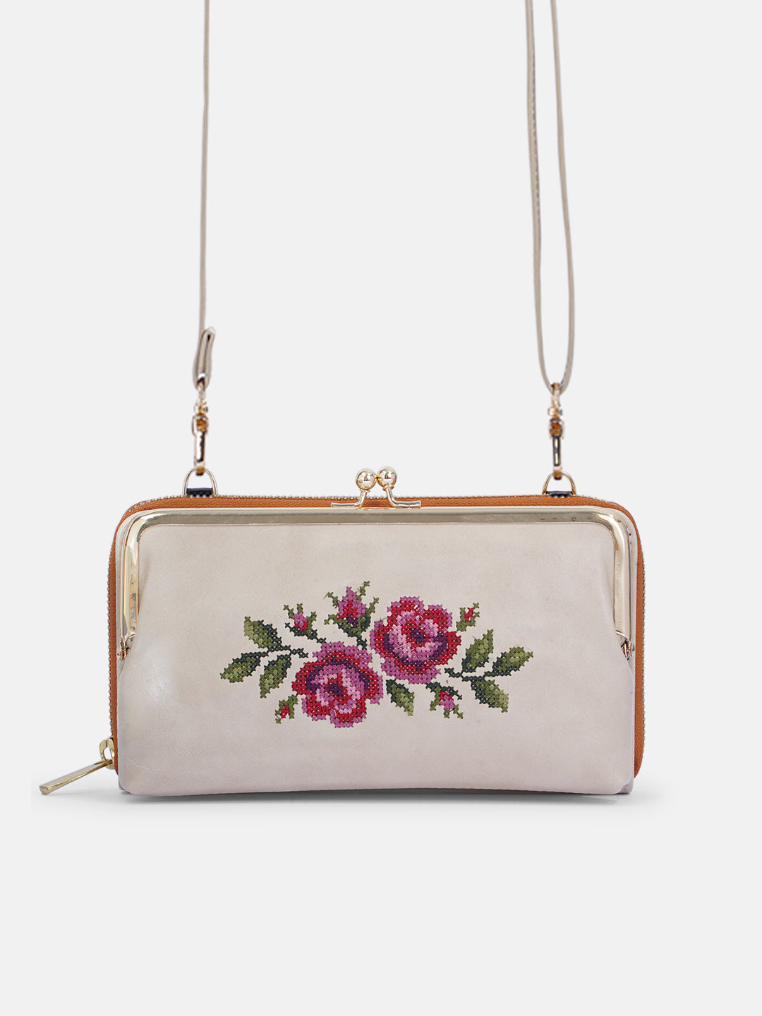 Coonoor Dream Cross Stitched Mobile Wallet Sling - Off White