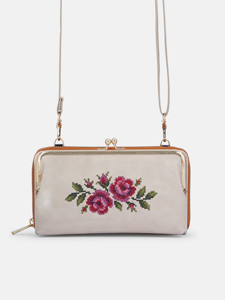 Coonoor Dream Cross Stitched Mobile Wallet Sling - Off White