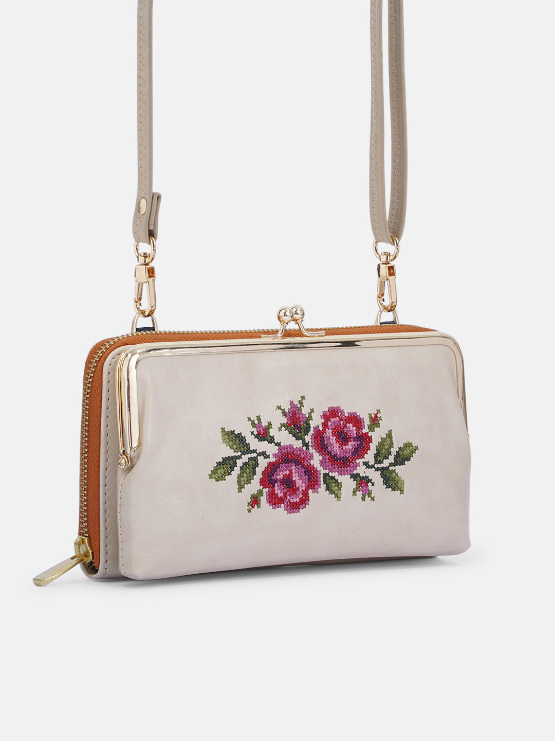 Coonoor Dream Cross Stitched Mobile Wallet Sling - Off White
