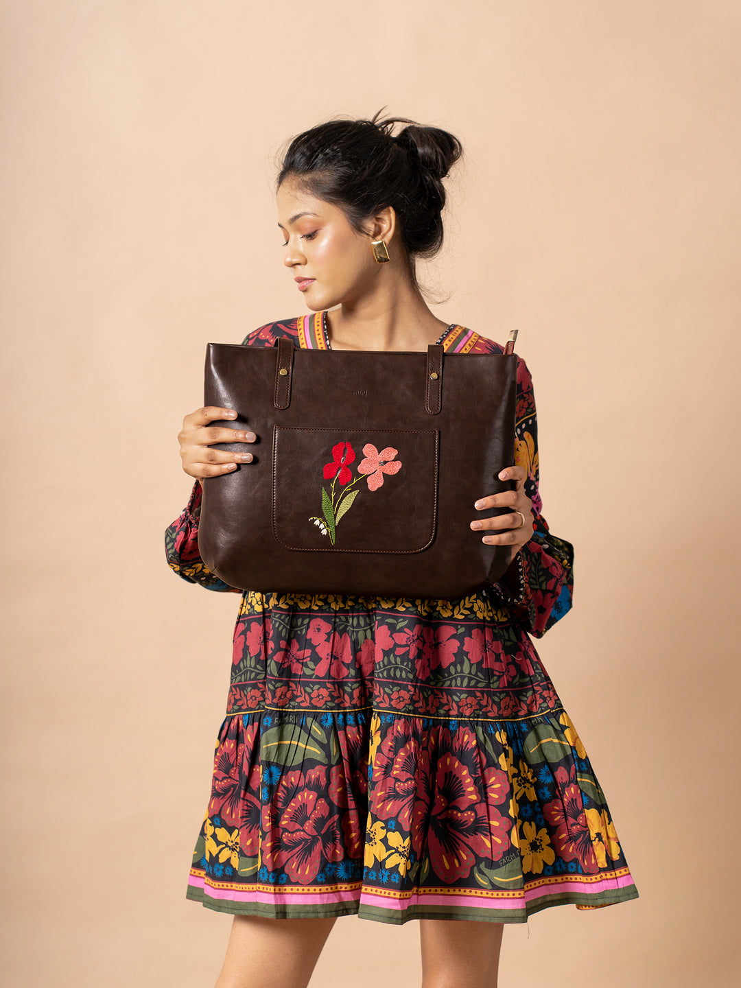 Hand Embroidered Brown Iris Tote Bag