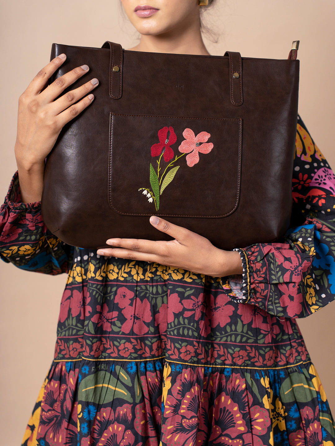 Hand Embroidered Brown Iris Tote Bag